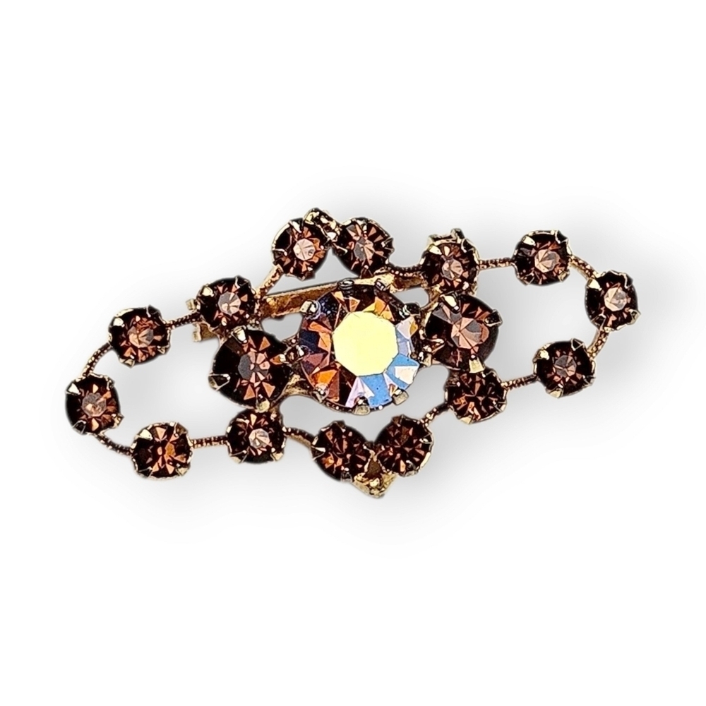 Vintage Austria Rhinestone Bar Brooch Aurora Borealis AB Brown Glass Gold Plated